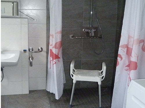 ebenerdiges Bad, 120x120cm grosse Dusche, Kippspiegel, Stützgriffe, für
